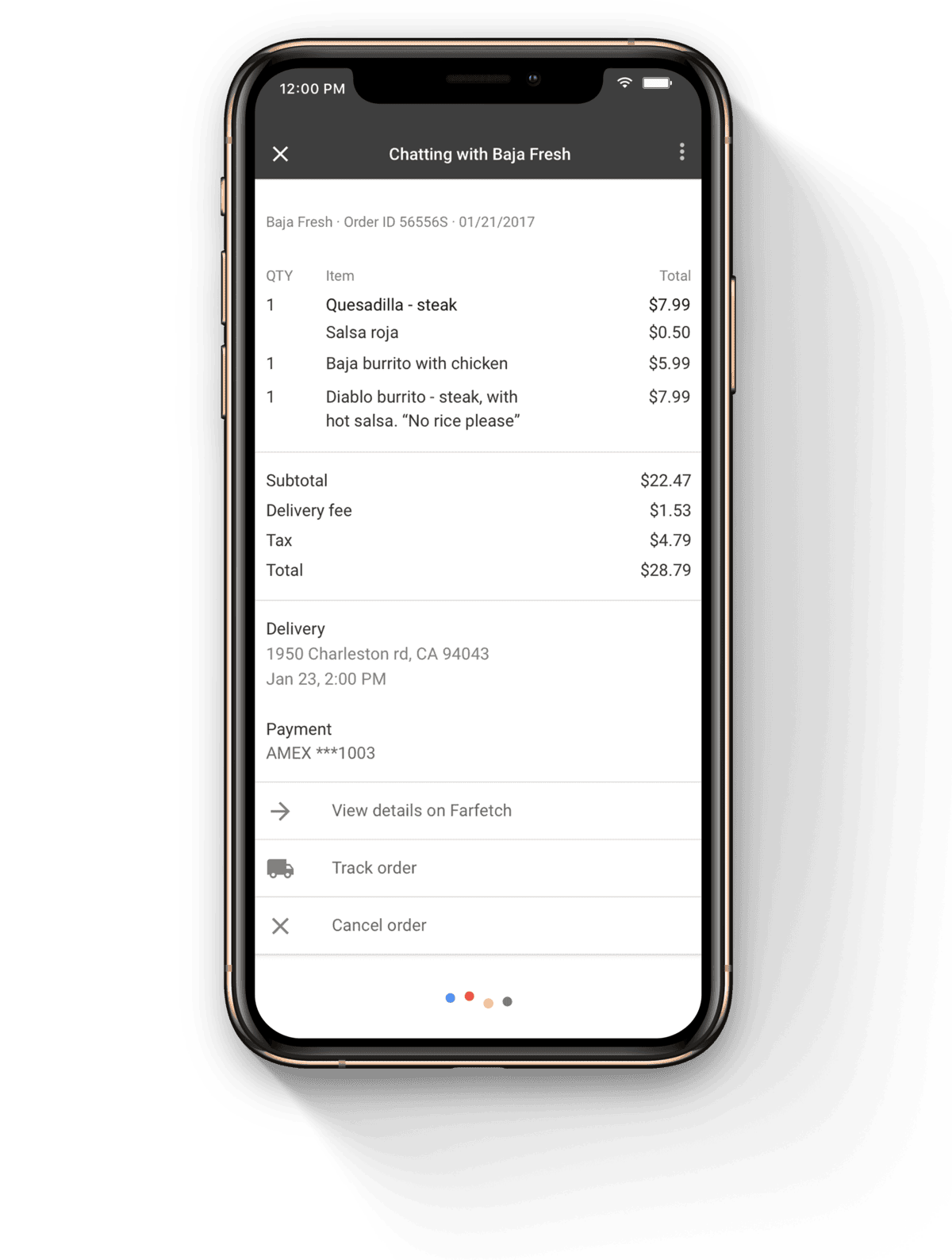 Mobile AI chatbot interface for customer service and order management.