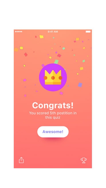 Mobile app screen showing a congratulatory message with a crown icon and confetti background.