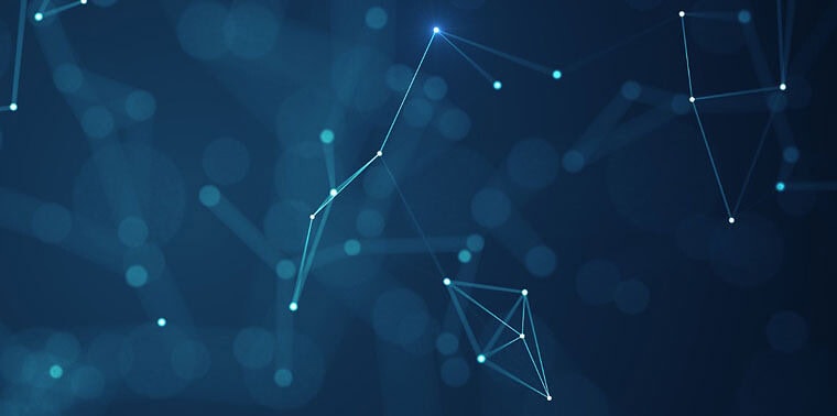 Abstract digital network with interconnected nodes representing 5G technology.