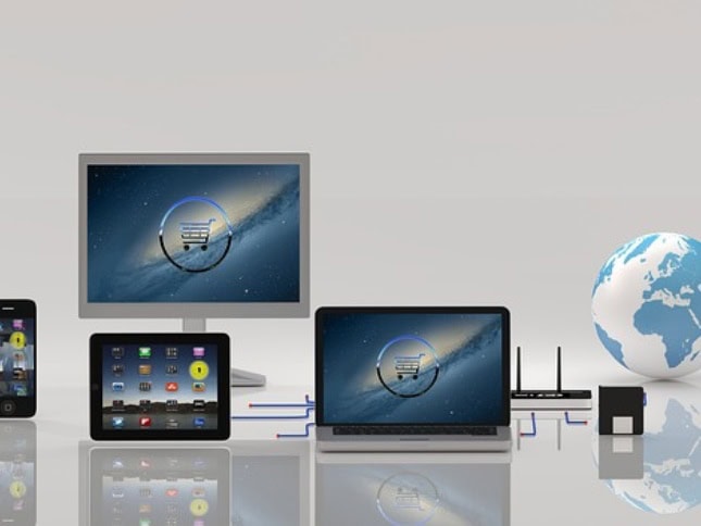Digital shopping and e-commerce devices connected for online retail.