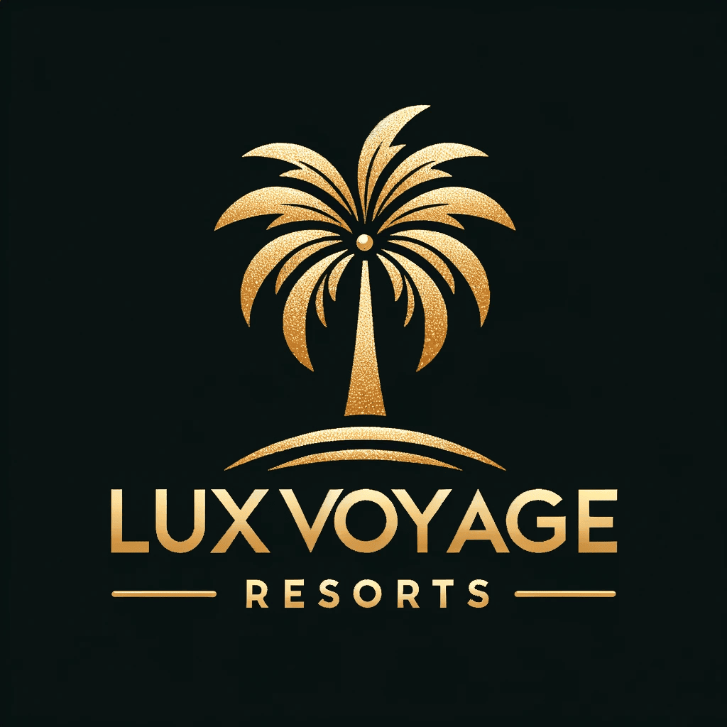 LuxVoyage Resorts logo with palm tree design in gold on black background.