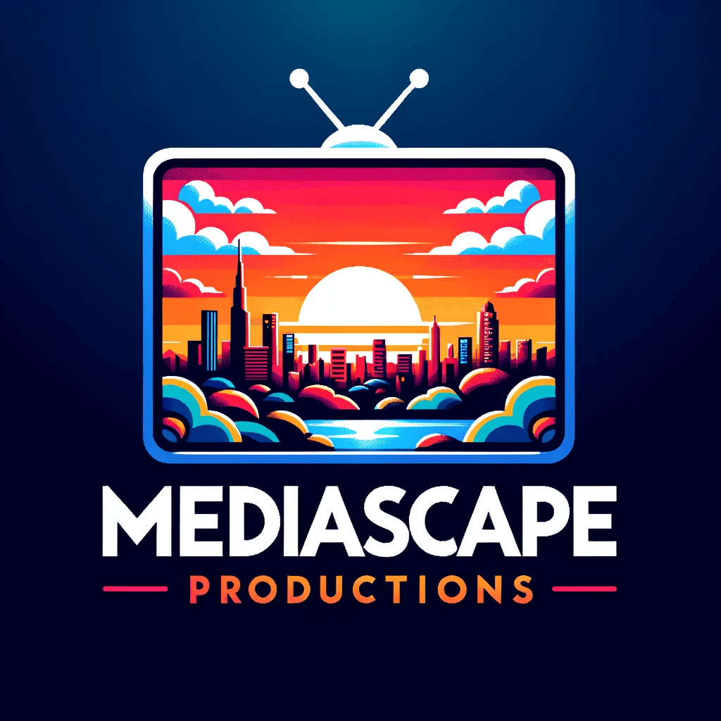 City skyline with sunset and clouds, vibrant colors, and a retro TV frame.