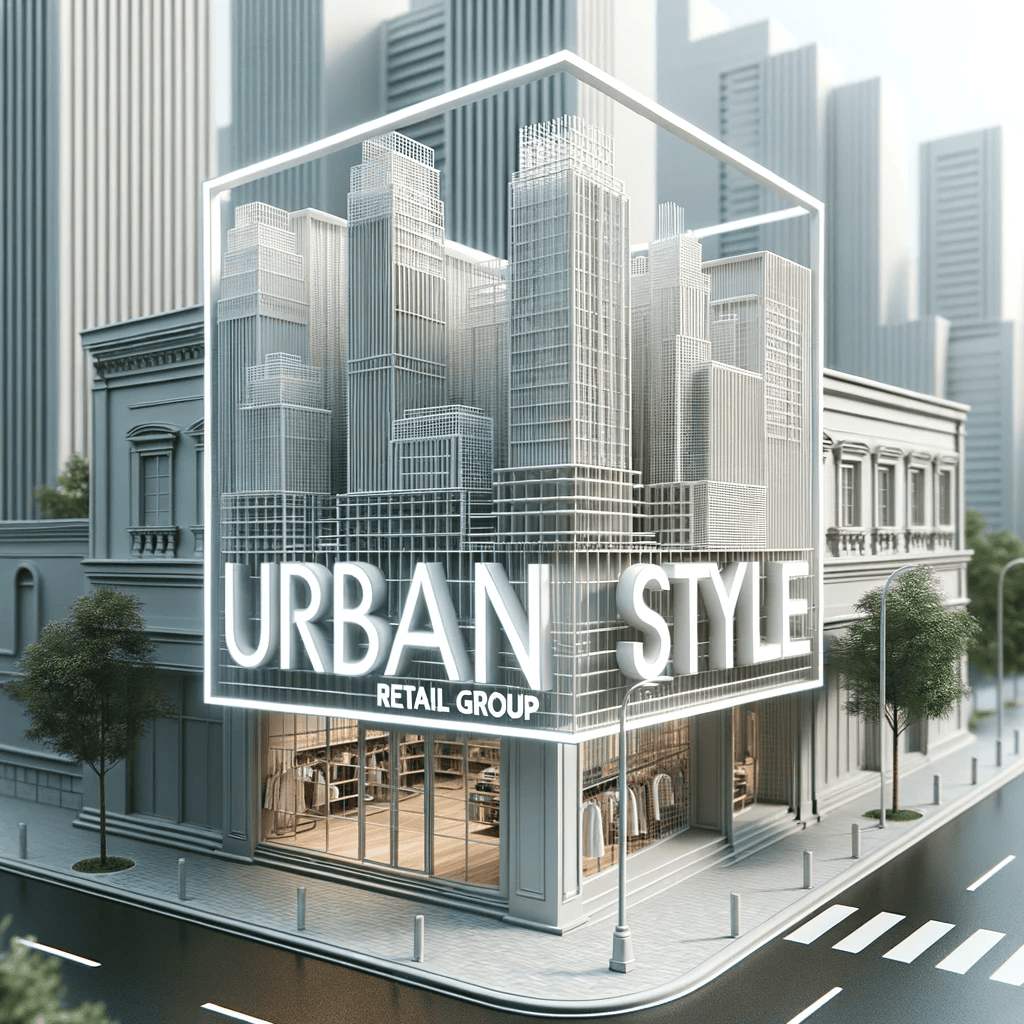 Modern urban retail building with city skyline backdrop.