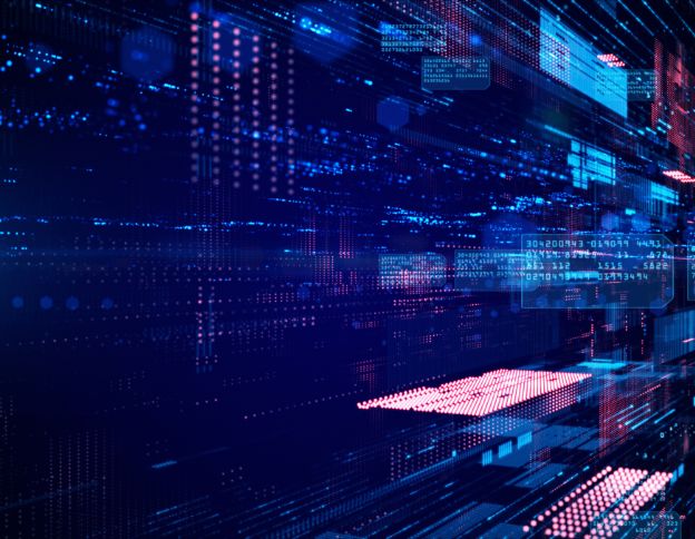 Digital data flow representing database integration and connectivity.
