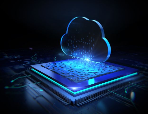 Cloud computing icon with digital data cloud and server chip.