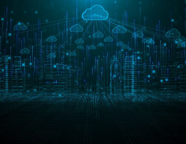 Digital cloud network with data streams and connections in a futuristic style.