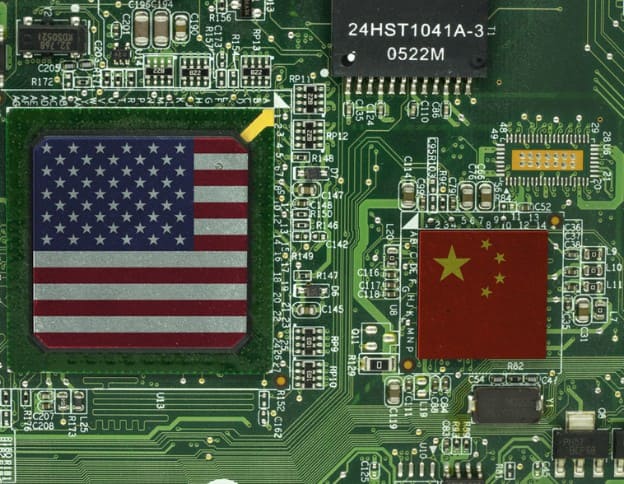 Circuit board with US and China flags symbolizing mobile app security.