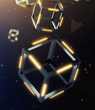 Futuristic 3D geometric cubes with glowing edges representing AI technology.