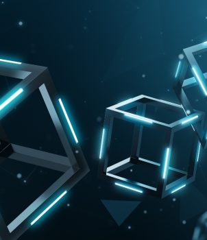 Futuristic digital cubes with glowing neon lines representing AI and machine learning technology.