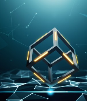 Futuristic 3D cube representing AI and machine learning technology.