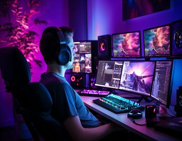 Person working on multiple monitors with colorful visuals, representing automated testing in AI.