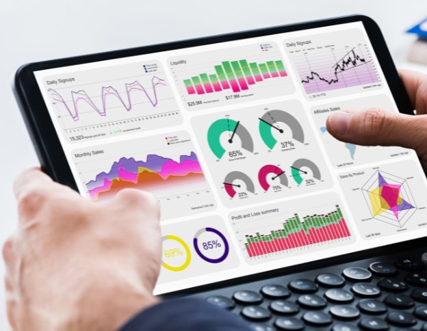 AI and ML data analysis on tablet screen.