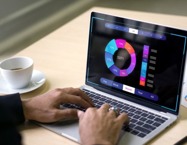 Business professional analyzing database data on a laptop screen.