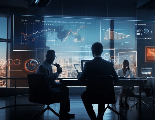 Business professionals analyzing cloud infrastructure and IaaS adoption trends in a high-tech office.