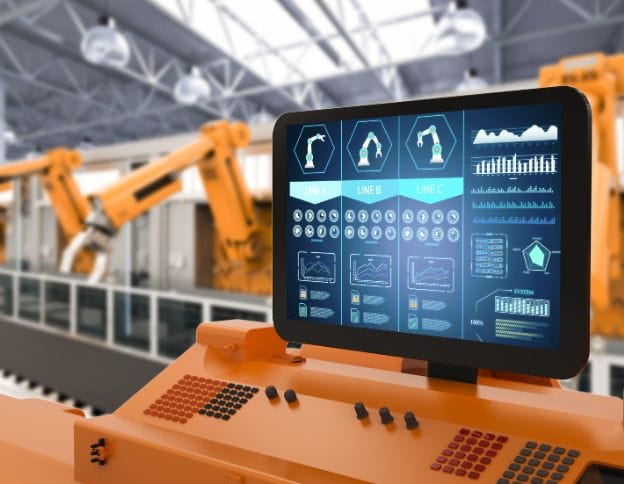 Advanced automation control panel with robotic arms in manufacturing.
