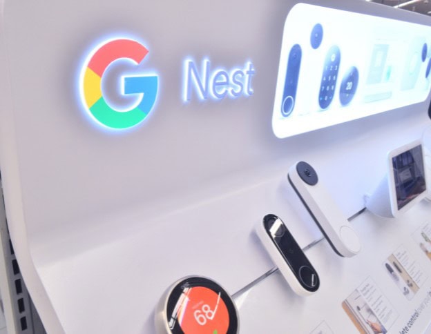 Google Nest smart home devices on display at Softinator TechLabs.