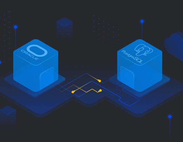 Oracle to PostgreSQL database migration process illustration.