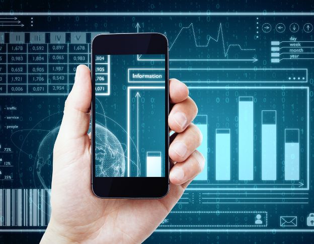 Smartphone displaying data analytics with digital graphs and charts.