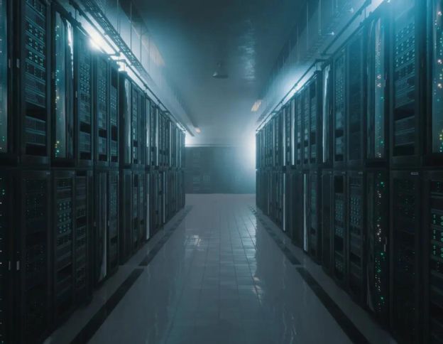 Modern data center with server racks for cloud migration and IT infrastructure.