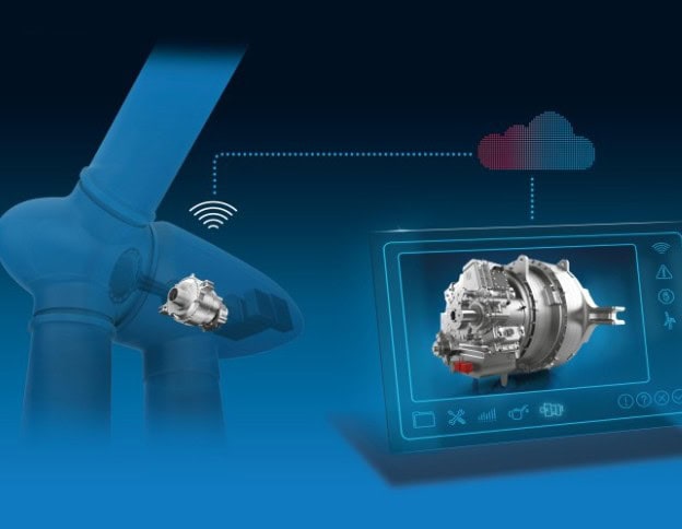 IoT-enabled wind turbine with digital monitoring interface for efficient energy management.