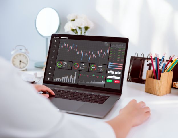 Powered financial analysis on a laptop screen.