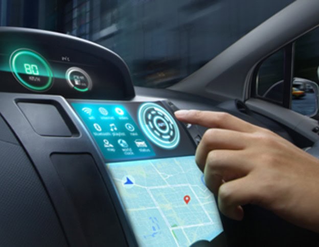 Interactive car dashboard with virtual controls and navigation system.