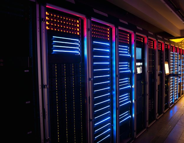 Modern data center with illuminated servers for cloud migration.
