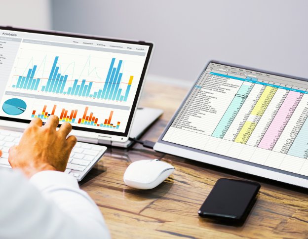 Data analysis charts on screens for middleware migration projects.