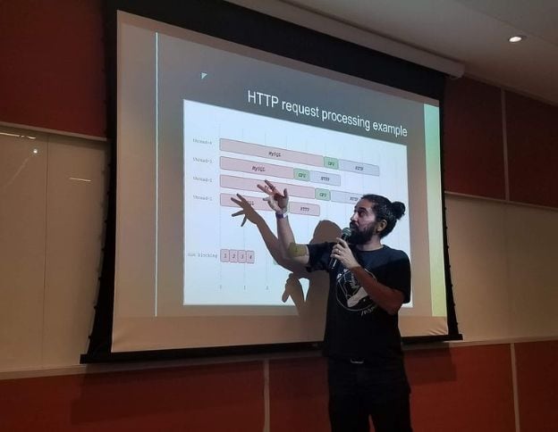 Expert explaining service mesh architecture during a tech seminar.