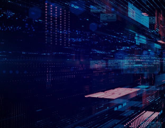 AI and ML technology visualization with digital data streams and futuristic interface.