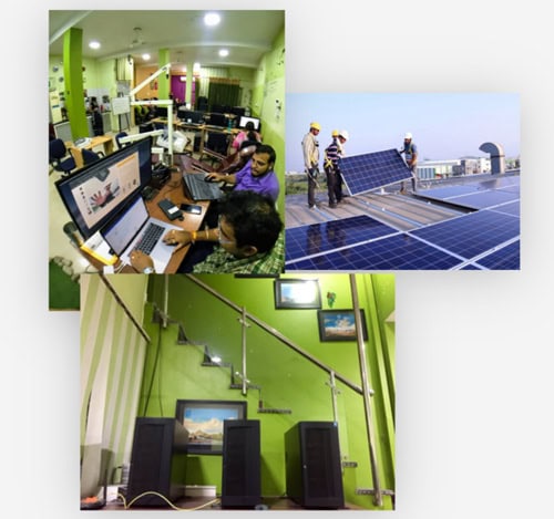 Team working on AI projects and solar panel installation at Softinator TechLabs.