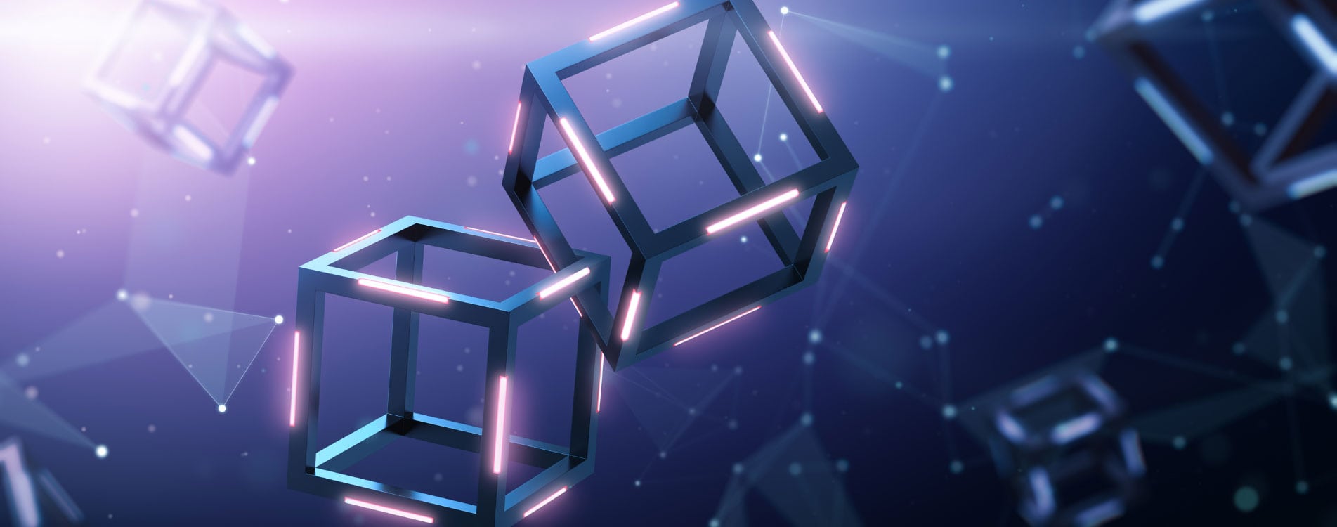 Blockchain technology with interconnected cubes representing secure digital solutions.