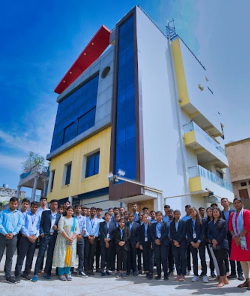 Softinator TechLabs team with a modern building in the background, showcasing AI and ML development.