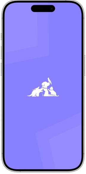Pet care app screen showing dog and cat icons on a blue background.
