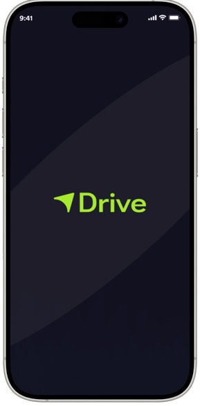 Drive app logo with green arrow icon on dark background.