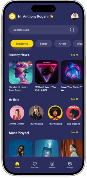Music app interface showcasing AI-driven music recommendations and artist playlists.
