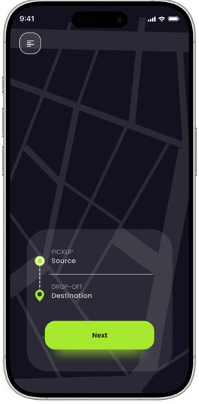 Mobile app interface showing taxi pickup and drop-off options with a "Next" button.