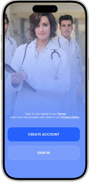 Healthcare app interface showing medical professionals using the app on a smartphone.