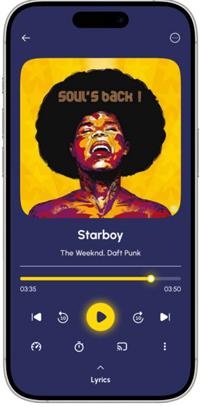 Music app screen showing album art, song info, and playback controls.