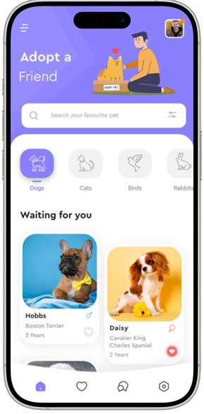 Adopt a Pet App interface showcasing dog and cat profiles for adoption.