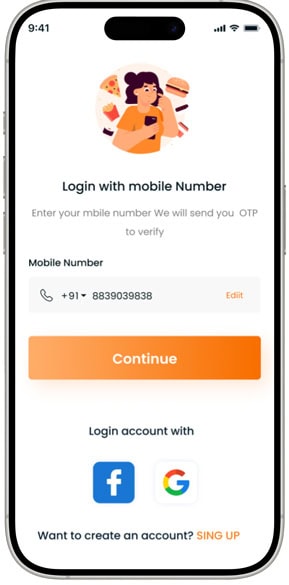 Mobile login screen for food app with phone number and social login options.