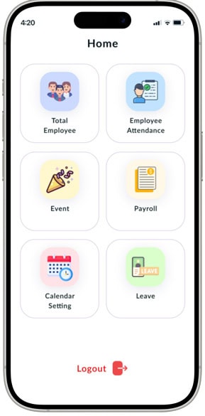 Mobile app screen showing employee management options and attendance tracking.