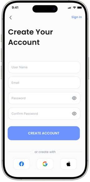 Mobile healthcare app interface with sign-up form and social login options.