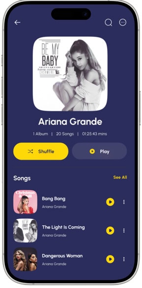Powered music app interface showcasing Ariana Grande's playlist.