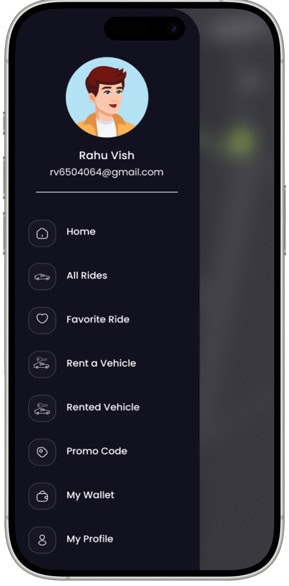 Mobile app interface showing user profile and ride options for Texi App.