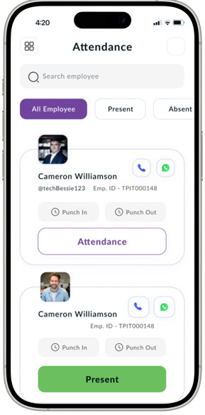 Mobile app screen showing employee attendance and management features.