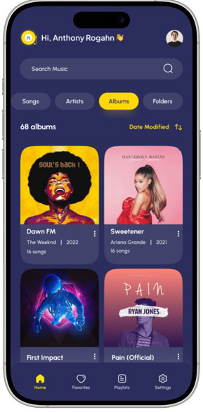 Powered music app interface showcasing album selection.