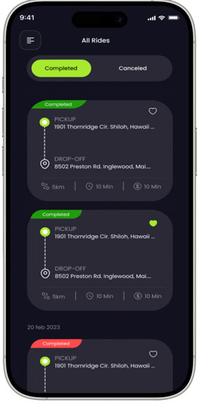 Mobile app interface showing ride status and pickup/drop-off details.