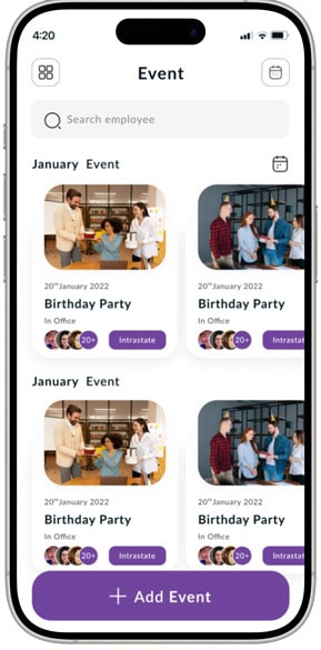 Employee management app screen showing event scheduling and team collaboration.