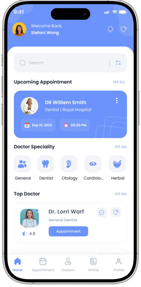 Mobile healthcare app interface showing appointment scheduling and doctor profiles.